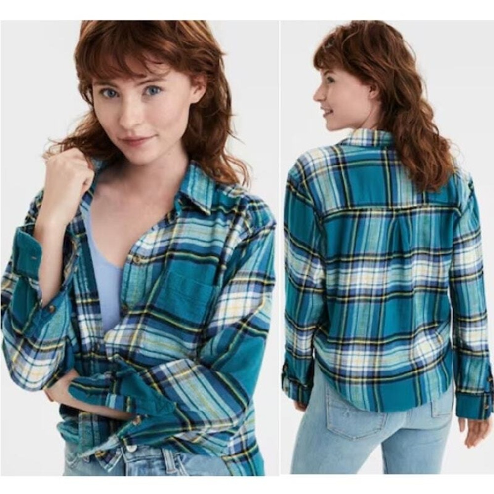 American Eagle Plaid Flannel 100% Cotton Button‎ Up Shirt Blue Womens XS Country